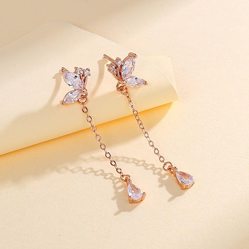 S925 Butterfly Zircon Tassel Earrings Rose Gold