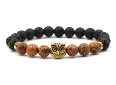 Natural Stone Black Lava Volcanic Stone 8 mm - Bracelet with Gold Alloy Owl Chicken wing wood