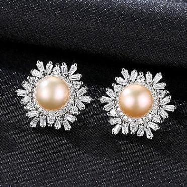 Korean Gemstone Pearl Snowflake Earrings 2 With Box