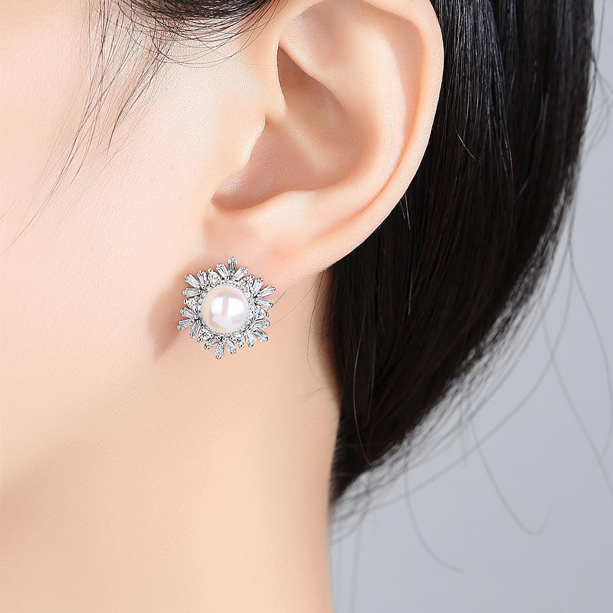 Korean Gemstone Pearl Snowflake Earrings