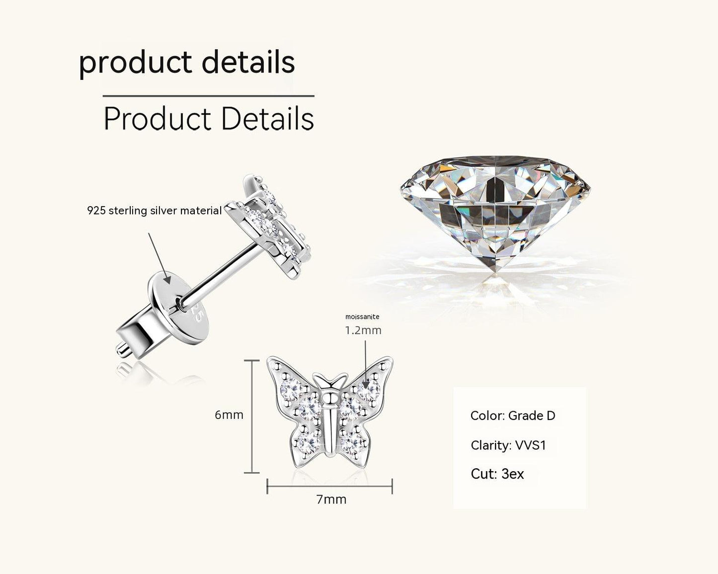 Korean Butterfly Moissanite Earrings White Sterling Silver