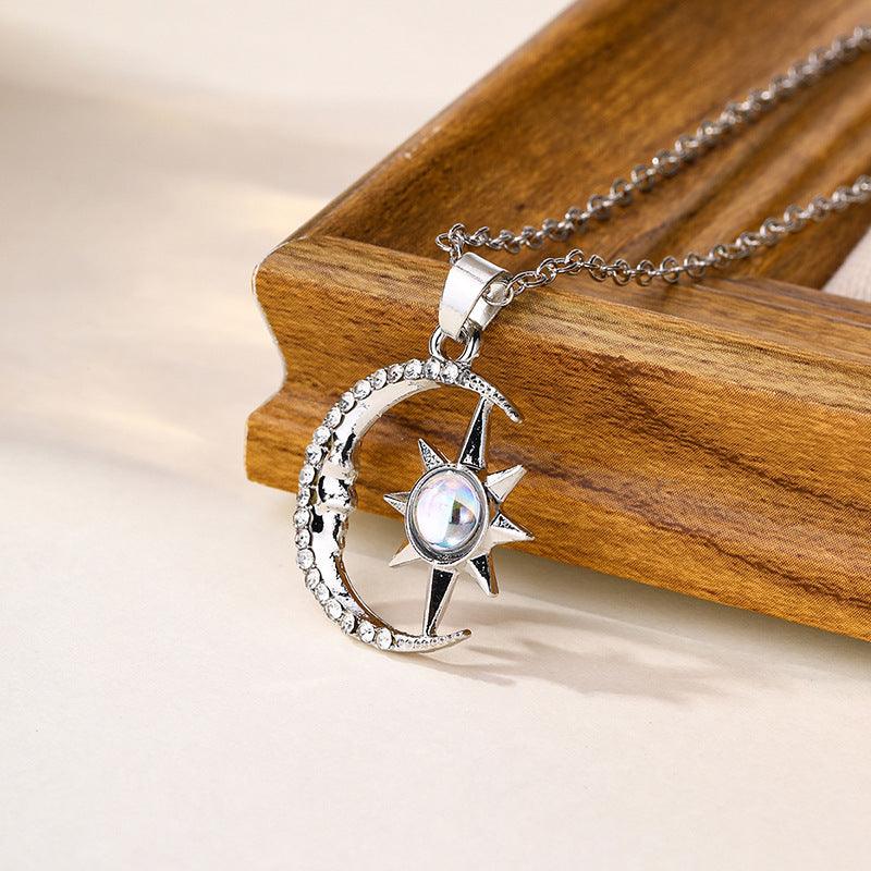 Fashion Moon Star Zircon Pendant Necklace Stainless Steel Jewelry
