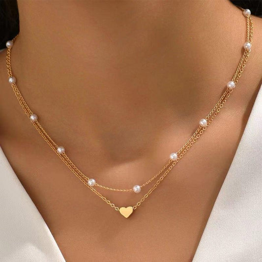 Double Layer Twin Pearl Heart Necklace | Fashion Jewelry