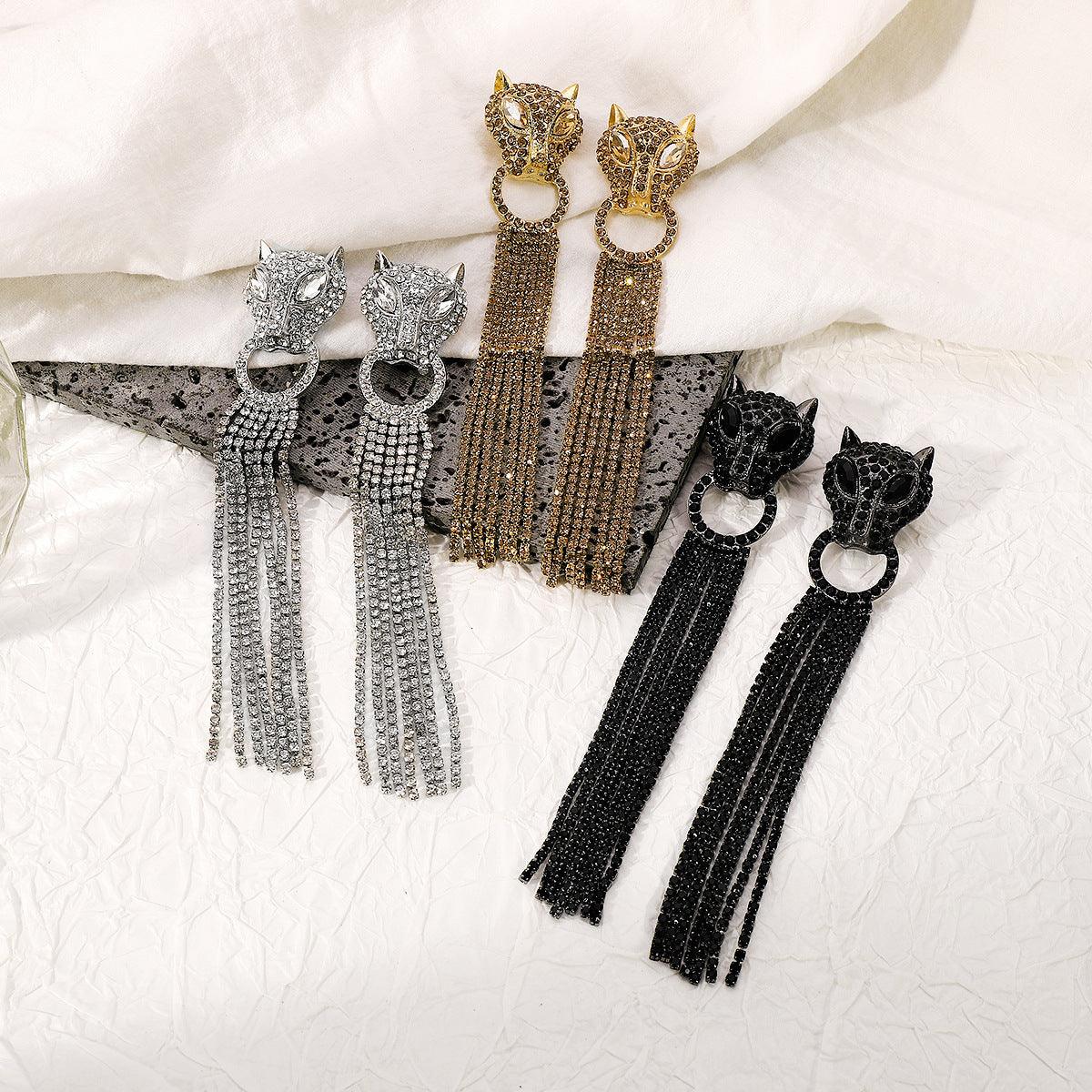 Leopard Head Earrings With Tassel Rhinestones