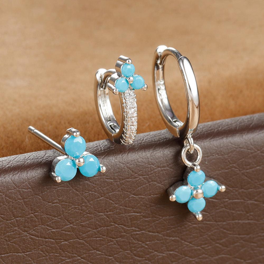 Four-Leaf Flower Stud Earrings | Daily Wear Silver And Blue