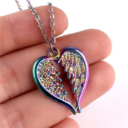 Rainbow Feather Wing Heart Choker Necklace Purple