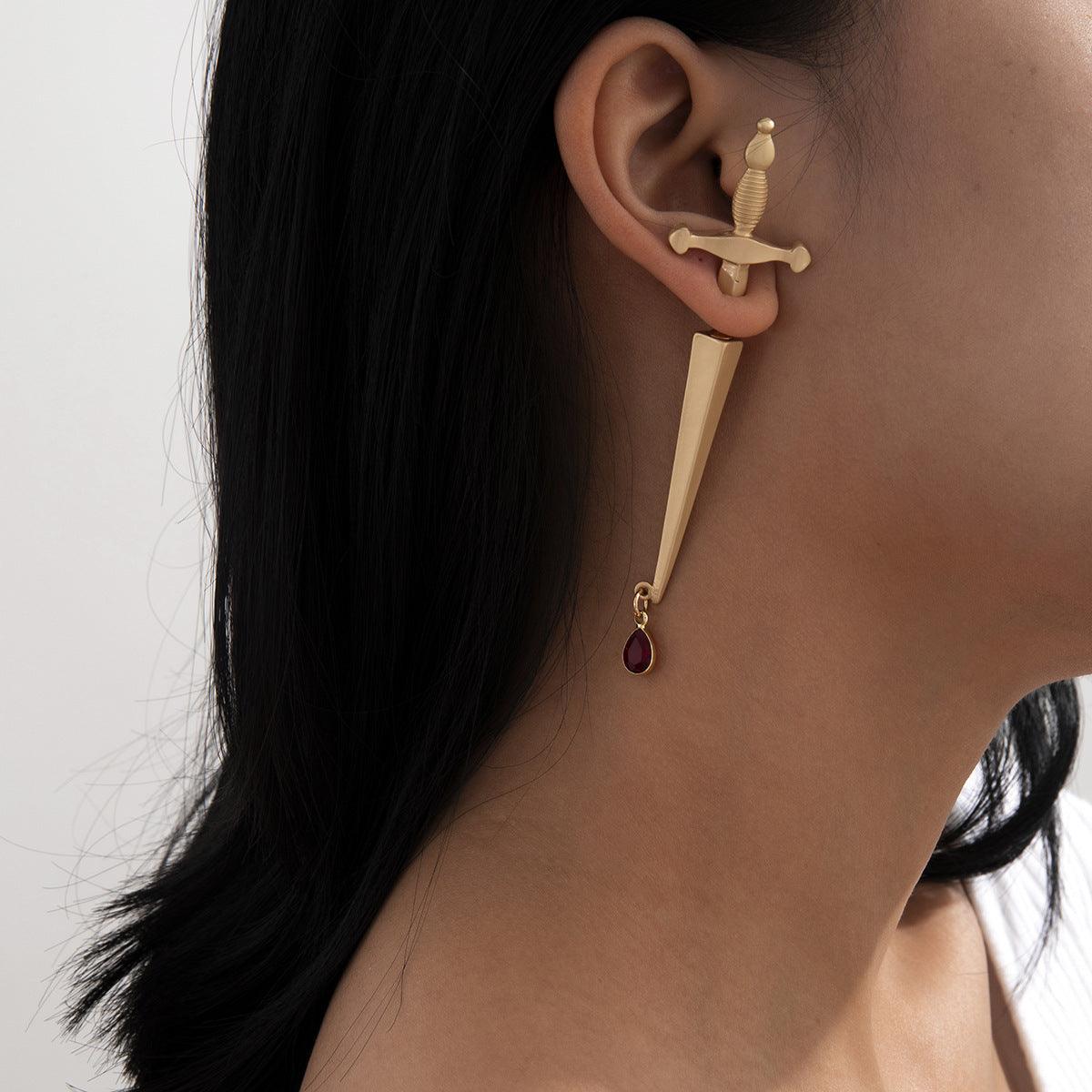 Hip Hop Red Water Drop Cross Earrings Golden