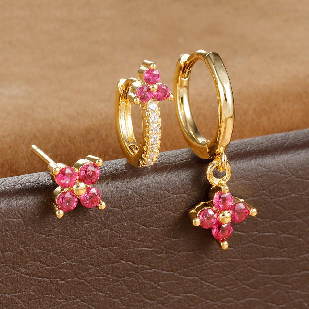 Four-Leaf Flower Stud Earrings | Daily Wear Rose Gold And Red