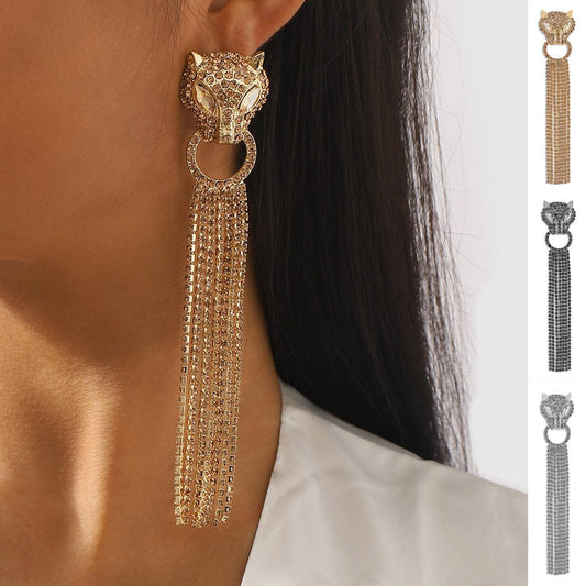 Leopard Head Earrings With Tassel Rhinestones