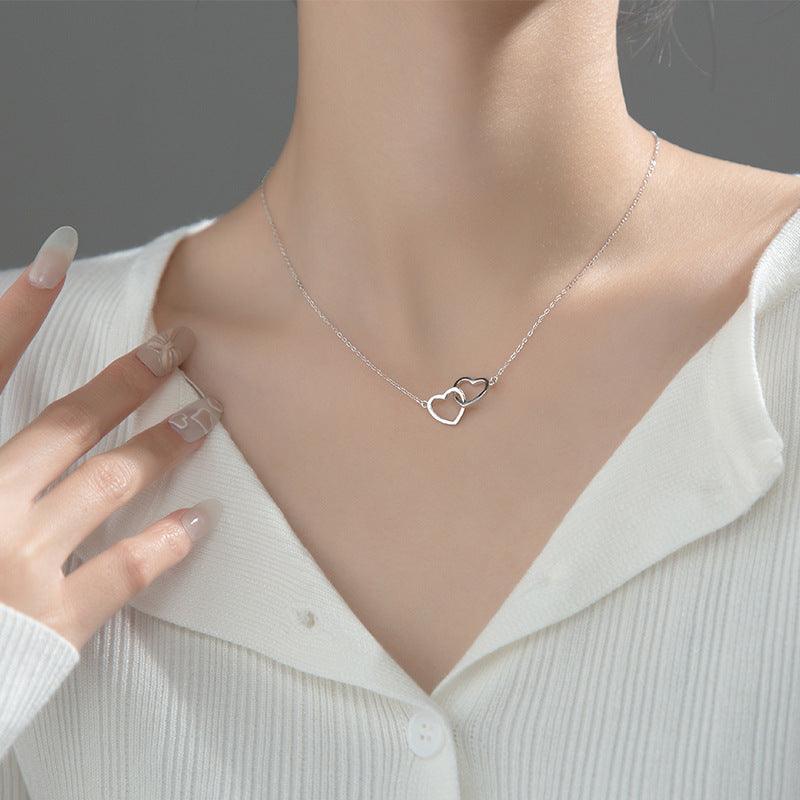 Double Heart Interlocking Titanium Steel Necklace Jewelry Silver