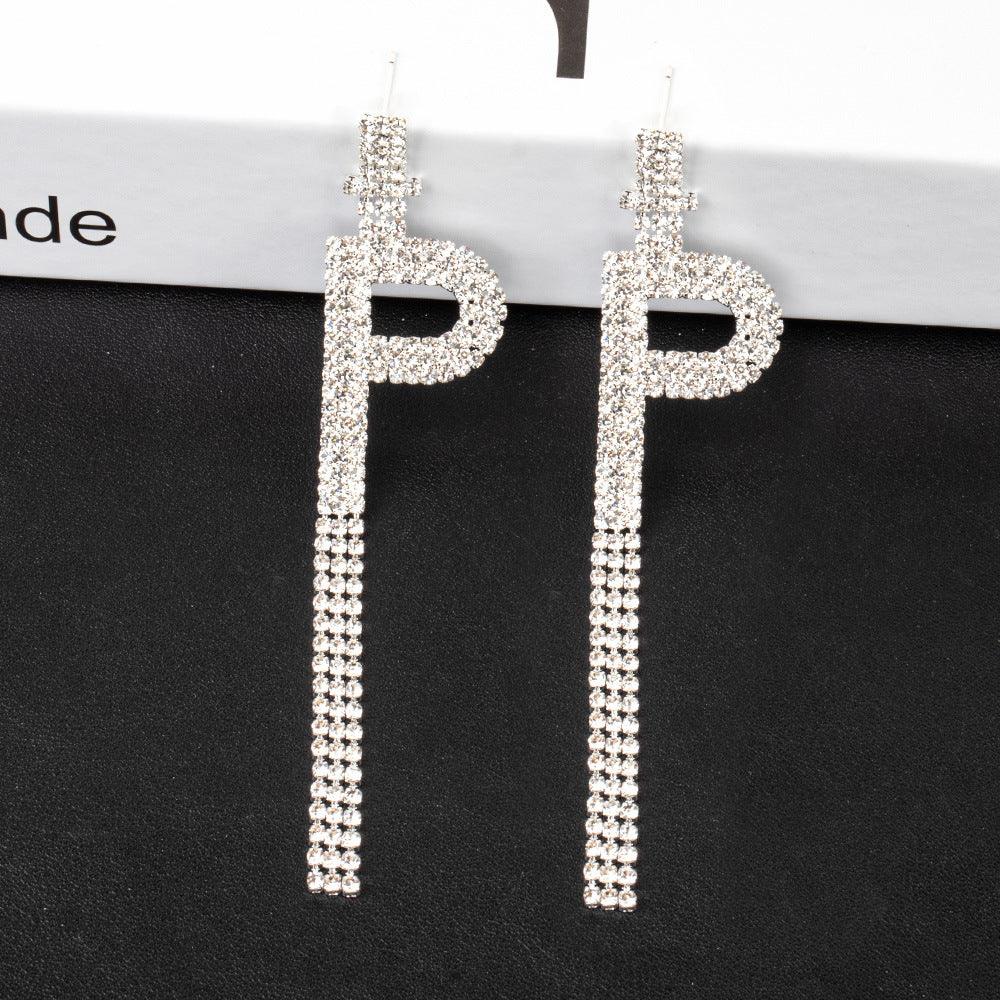 Silver Needle Rhinestone Letter B Earrings Silver P