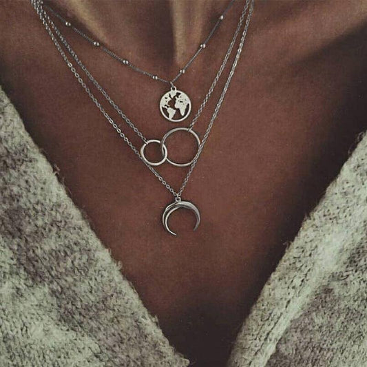 Fashionable Multilayer Boho Moon Map Necklace Jewelry silvery