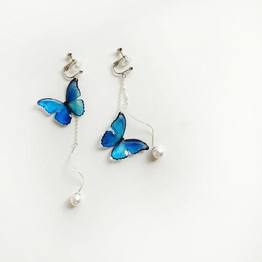 Blue Butterfly Ear Thread Pearl Earrings G