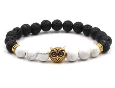 Natural Stone Black Lava Volcanic Stone 8 mm - Bracelet with Gold Alloy Owl White pine
