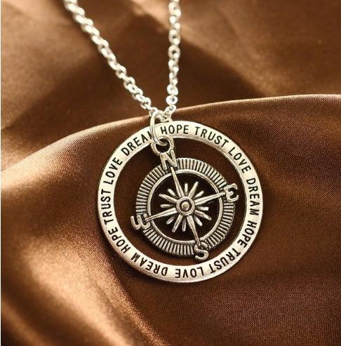 Love Hope Faith Dream Compass Pendant Necklace Silver