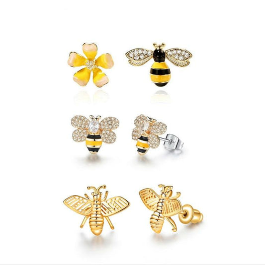 3 Korean Style Rhinestone Bee Studs