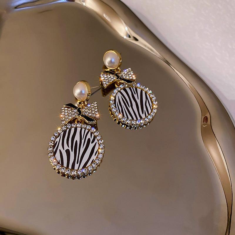 Diamond Pearl Striped Bow Earrings