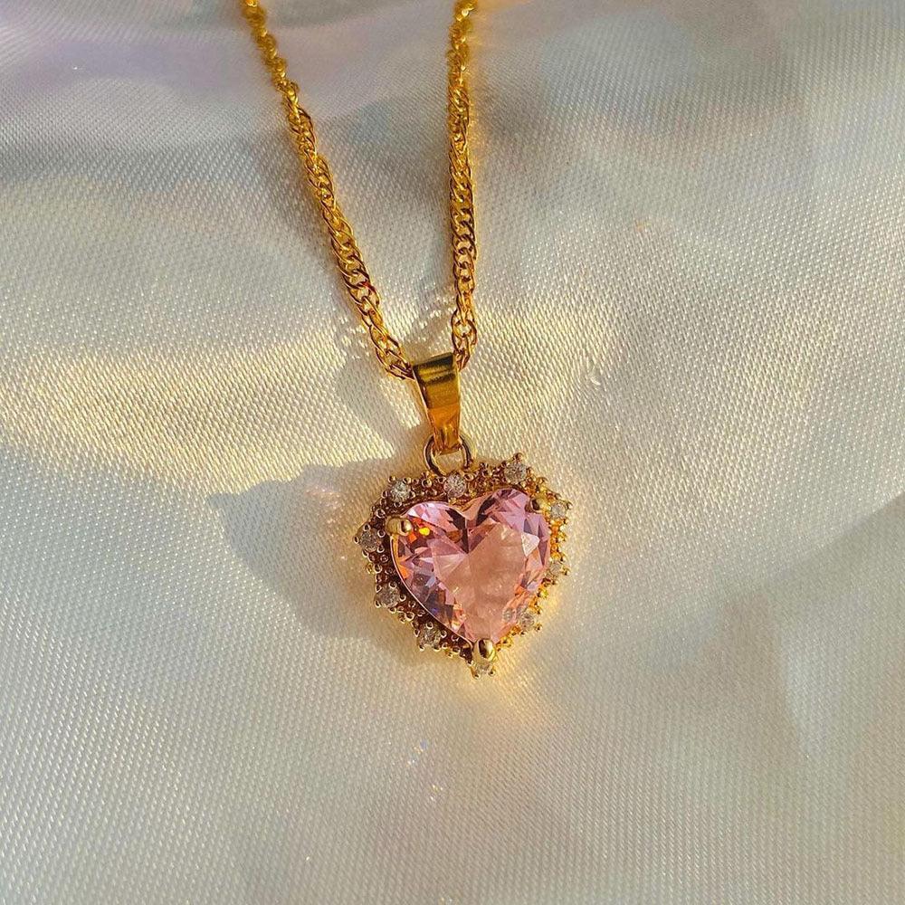 Colorful Rhinestones Heart-shaped Necklace | Daily Wear Pink