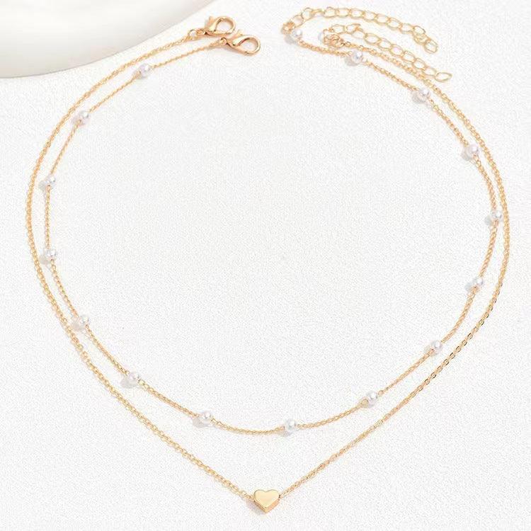 Double Layer Twin Pearl Heart Necklace | Fashion Jewelry Gold