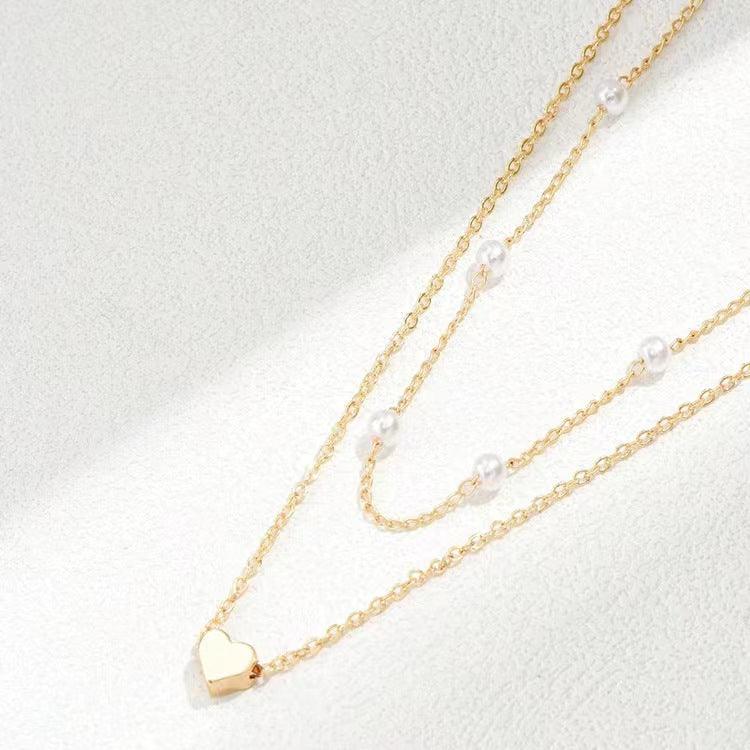 Double Layer Twin Pearl Heart Necklace | Fashion Jewelry