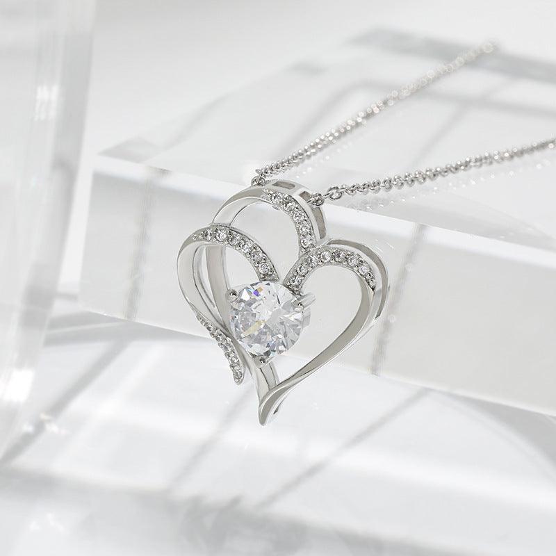 Zircon Double Love Rhinestones Necklace | Daily Wear White Gold Necklace