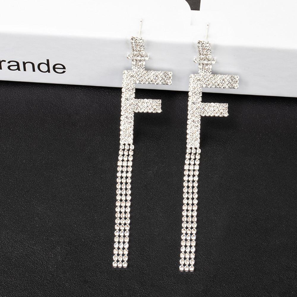 Silver Needle Rhinestone Letter B Earrings Silver F