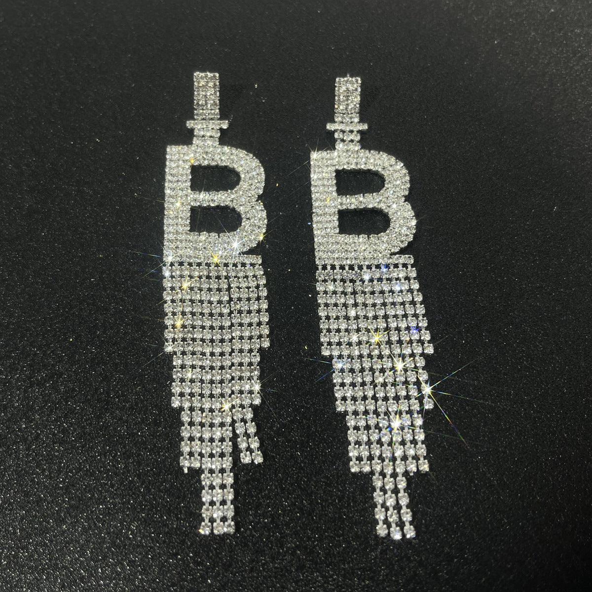 Silver Needle Rhinestone Letter B Earrings Silver B