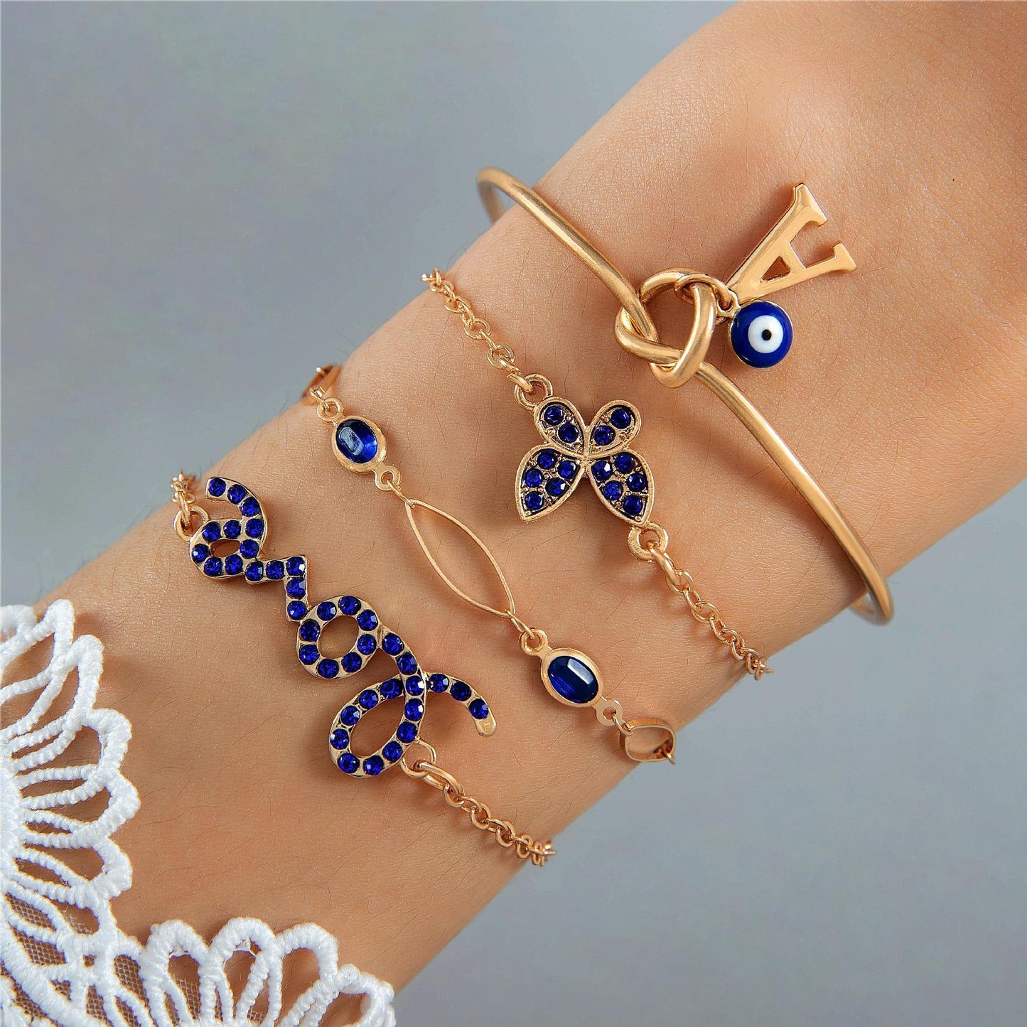 Blue Flower Rhinestones Love Butterfly Bracelet | Fashion Collection C