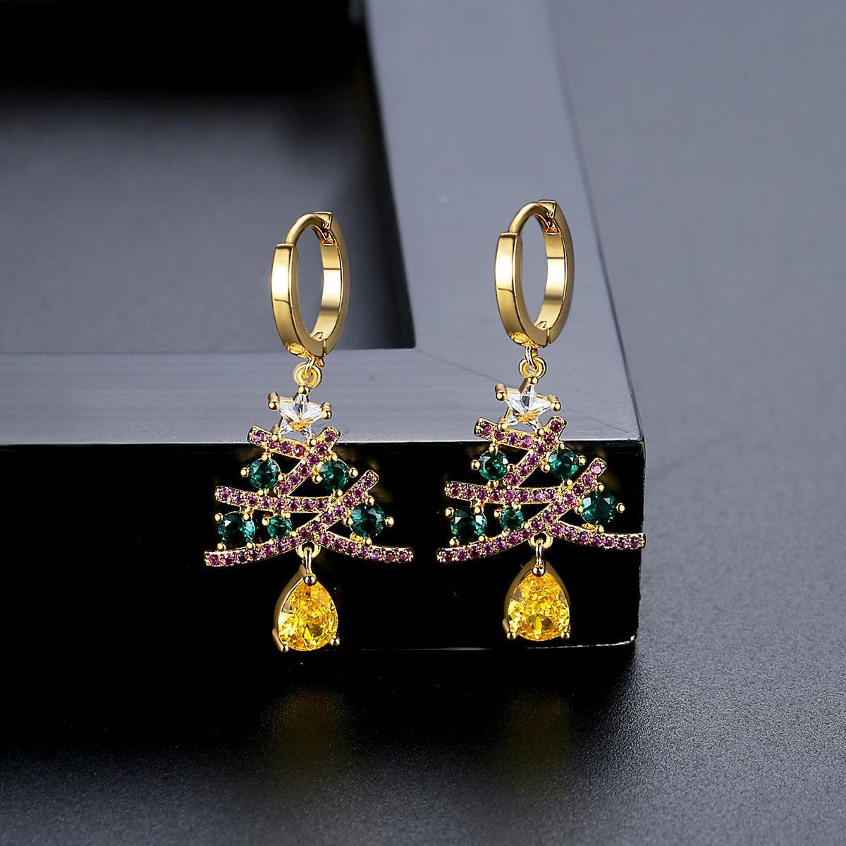 Christmas Tree 2025 Earrings With Colorful Rhinestones Golden