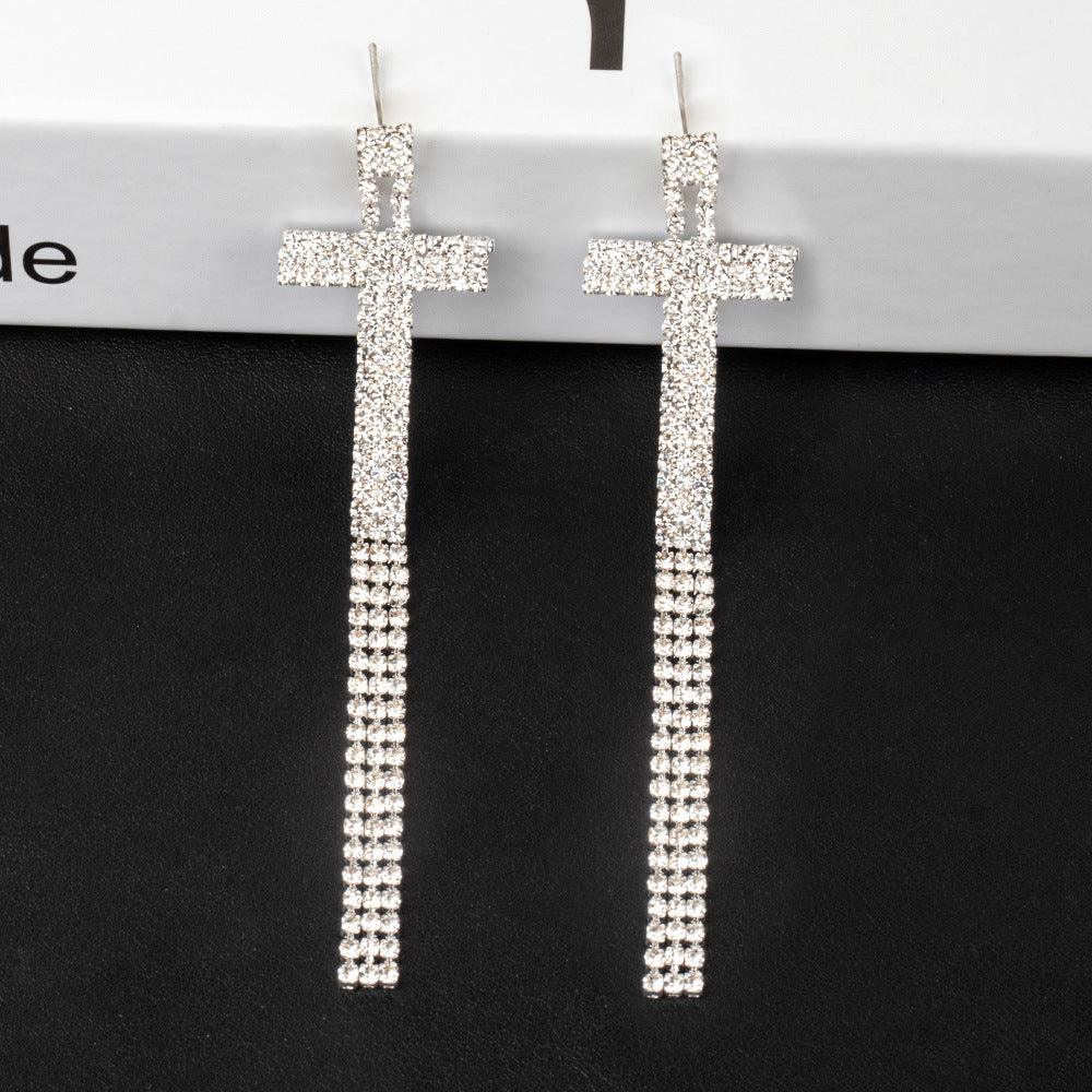 Silver Needle Rhinestone Letter B Earrings Silver T