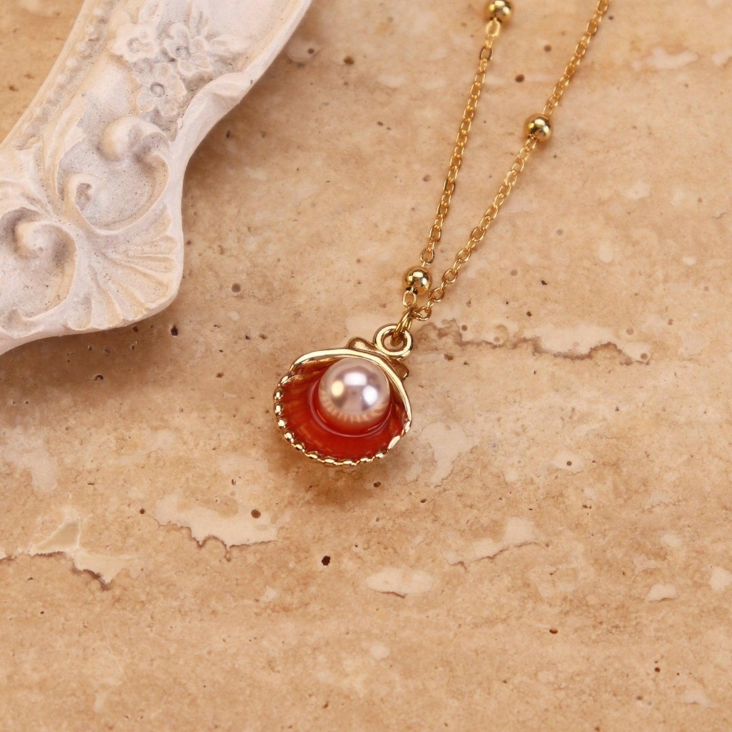 Titanium Steel Pearl Shell Conch Necklace | Beach Wear Red Shell Necklace