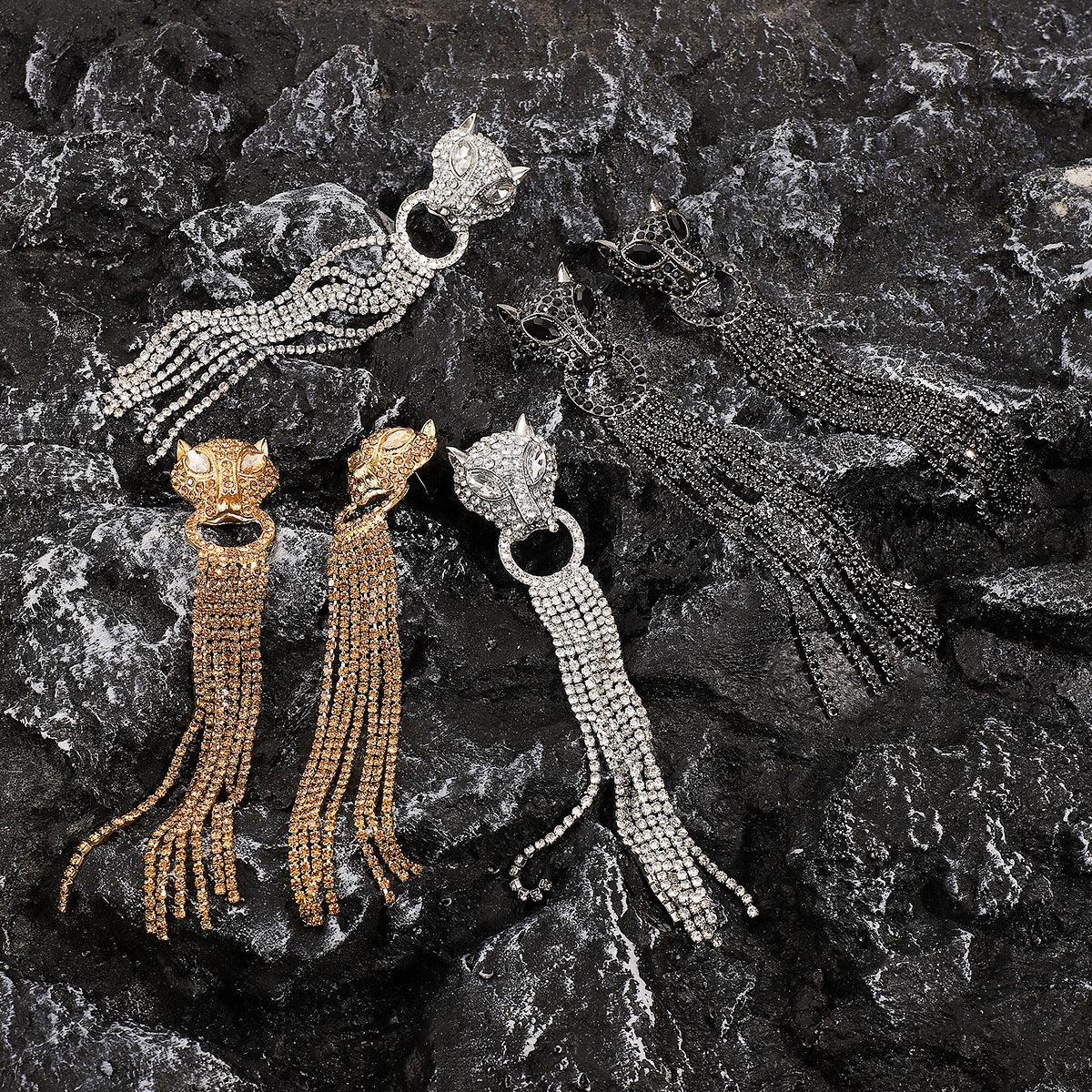 Leopard Head Earrings With Tassel Rhinestones