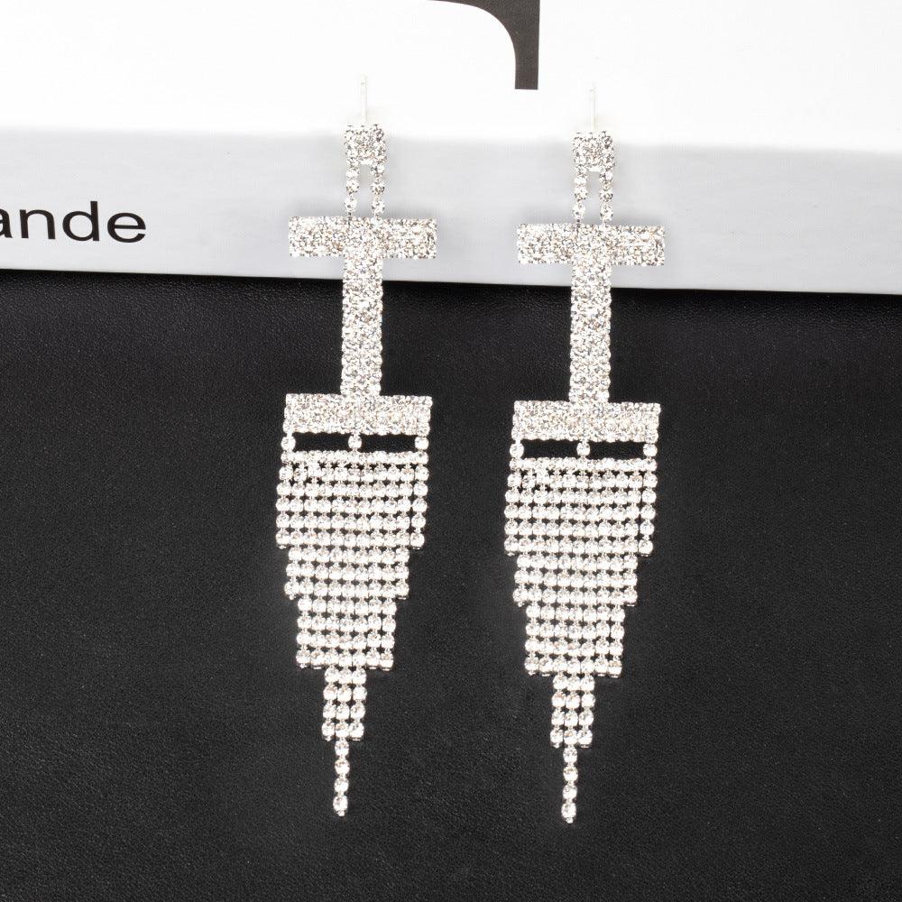 Silver Needle Rhinestone Letter B Earrings Silver I