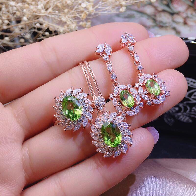 S925 Silver Gilded Peridot Jewelry Set | Daily Wear Green