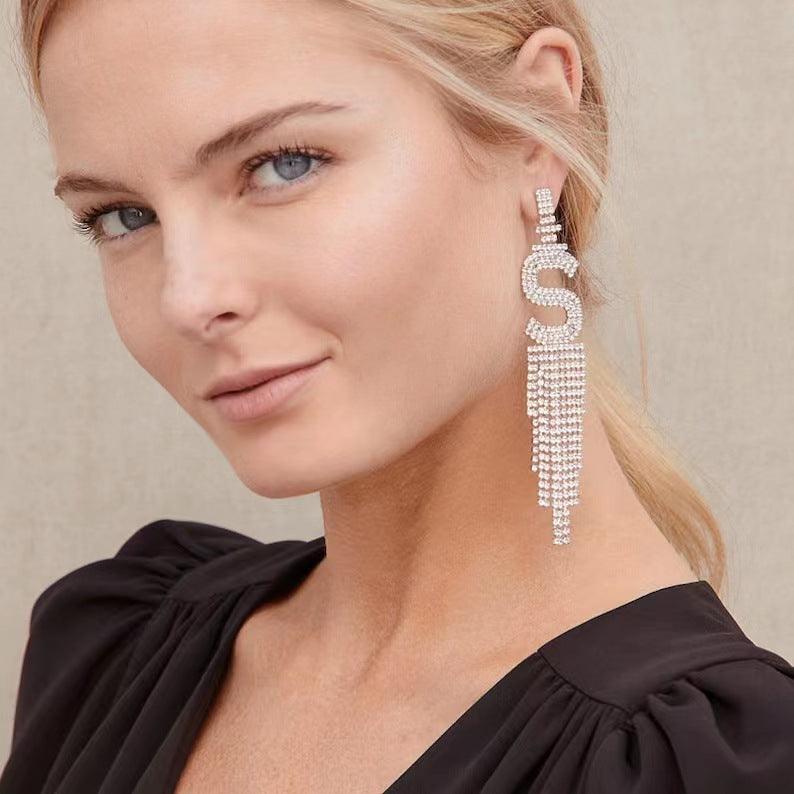 Silver Needle Rhinestone Letter B Earrings