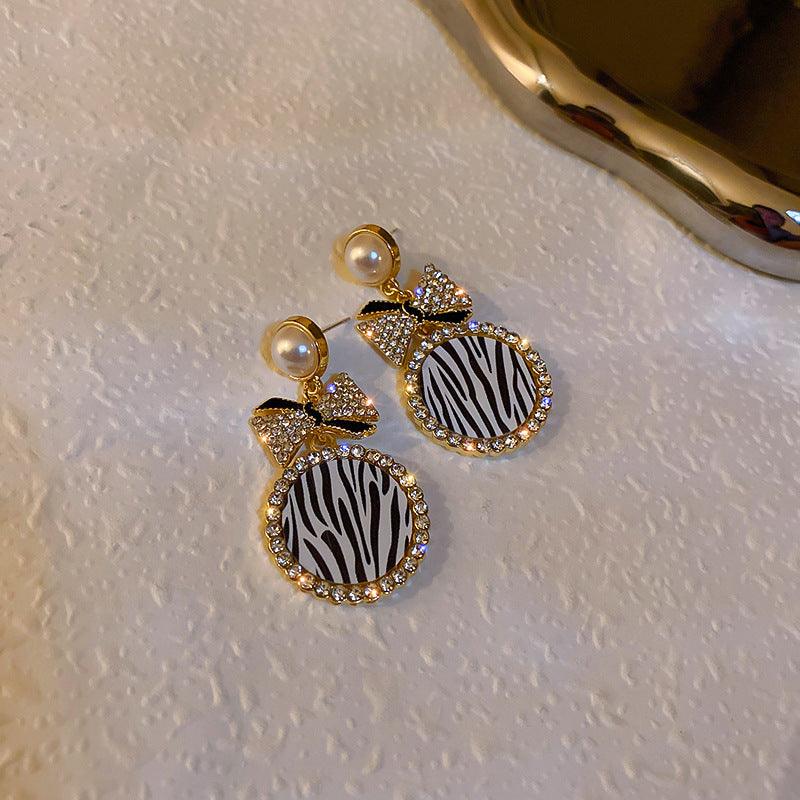 Diamond Pearl Striped Bow Earrings