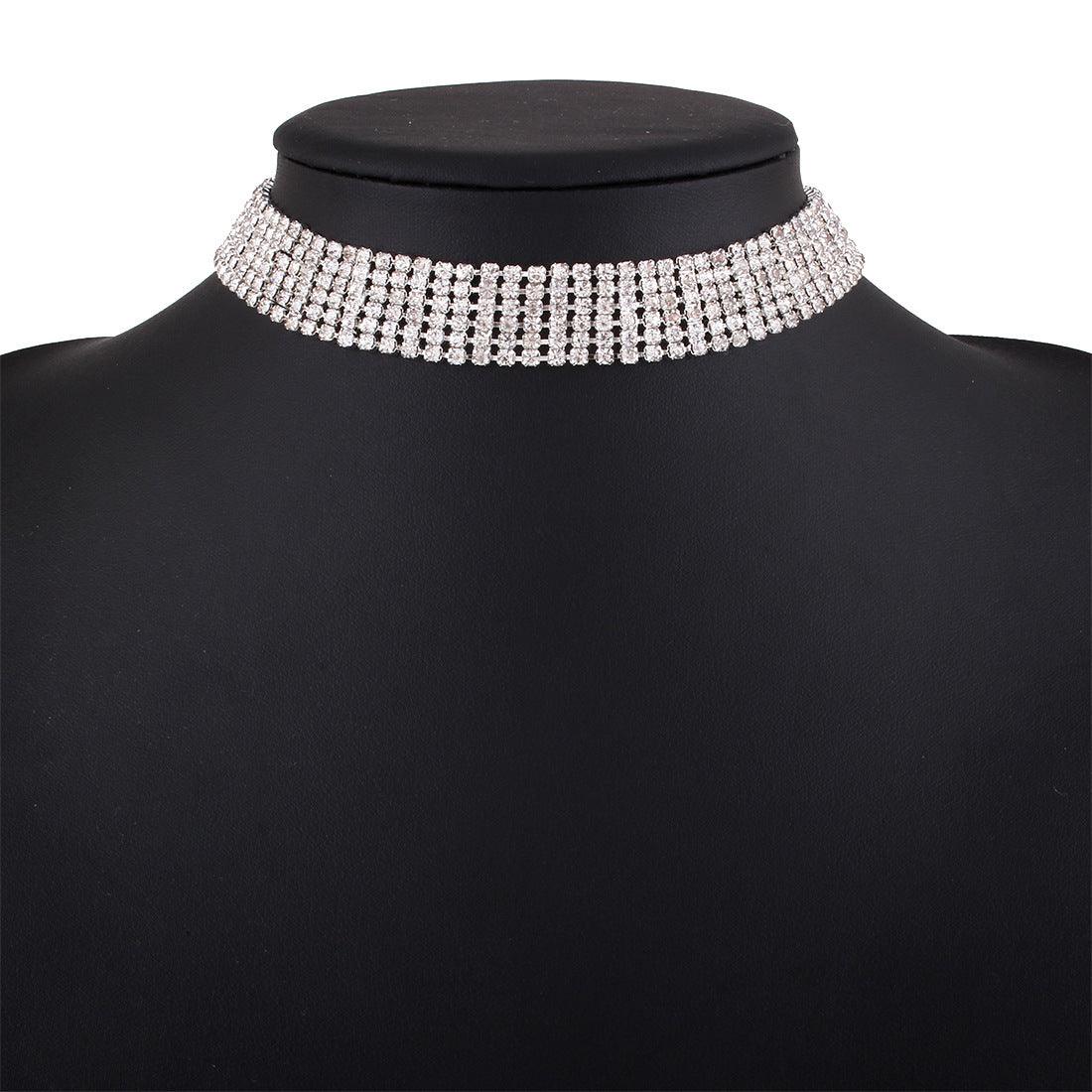 Full Rhinestone Alloy Necklace | Fashion Jewelry Six Rows Of Drills Silver