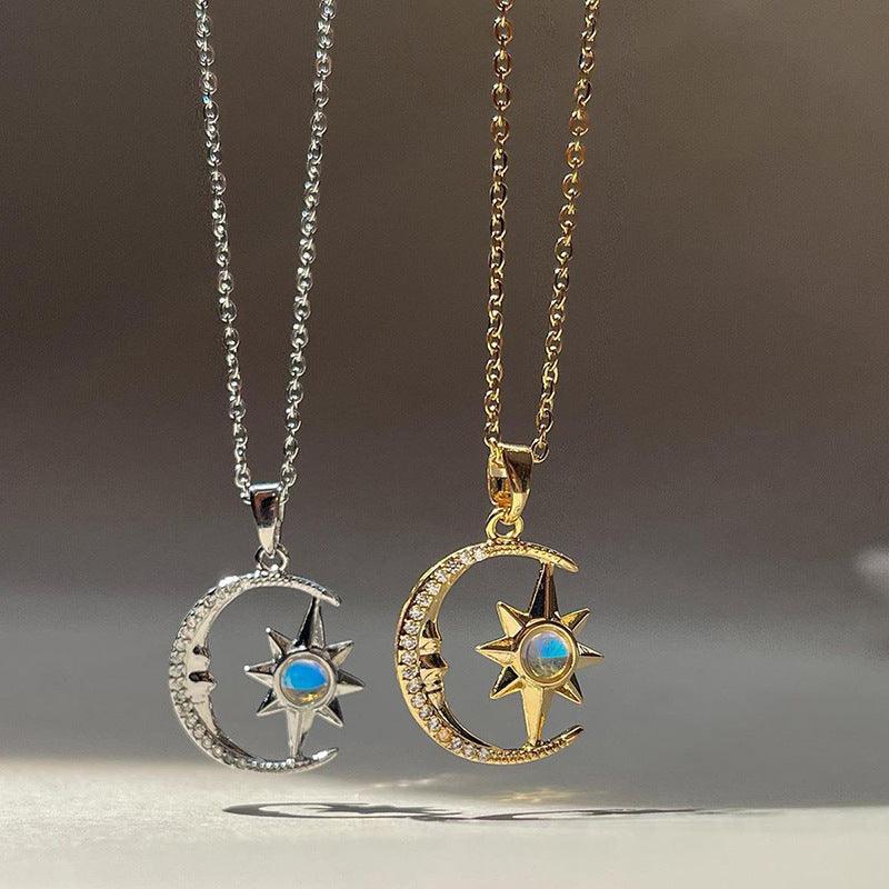 Fashion Moon Star Zircon Pendant Necklace Stainless Steel Jewelry
