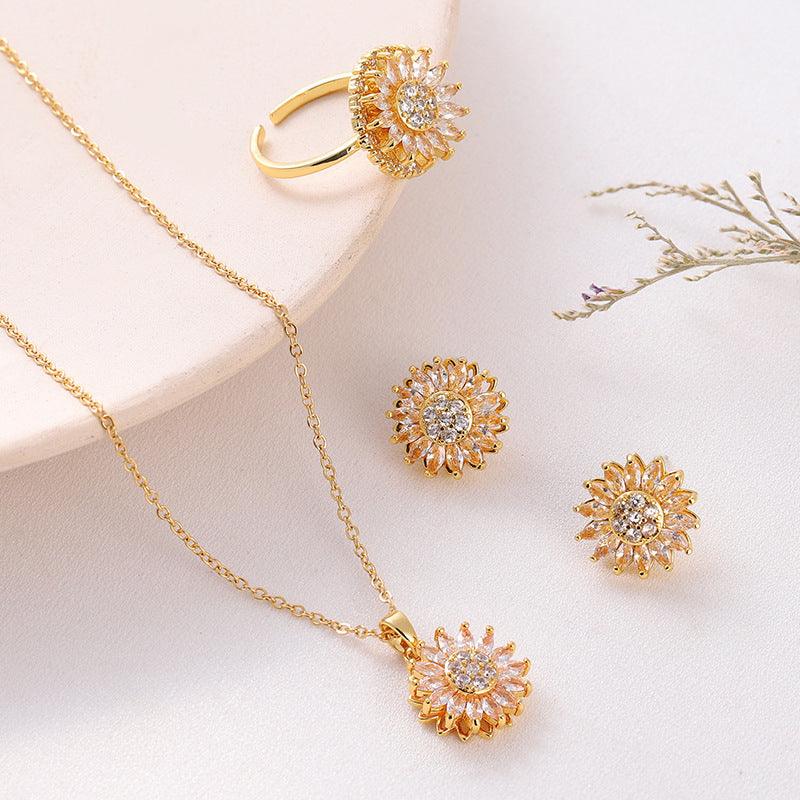 Classic Charm Sunflower Necklace Earrings Set | Daily Wear Sunflower 3 Pieces