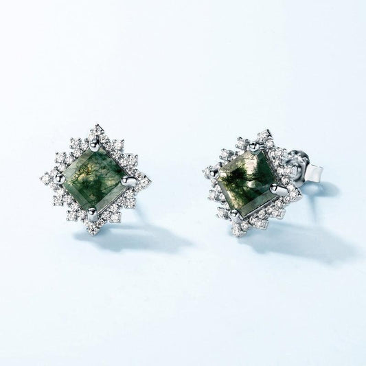 Luxury Green Moss Water Plants Agate Studs