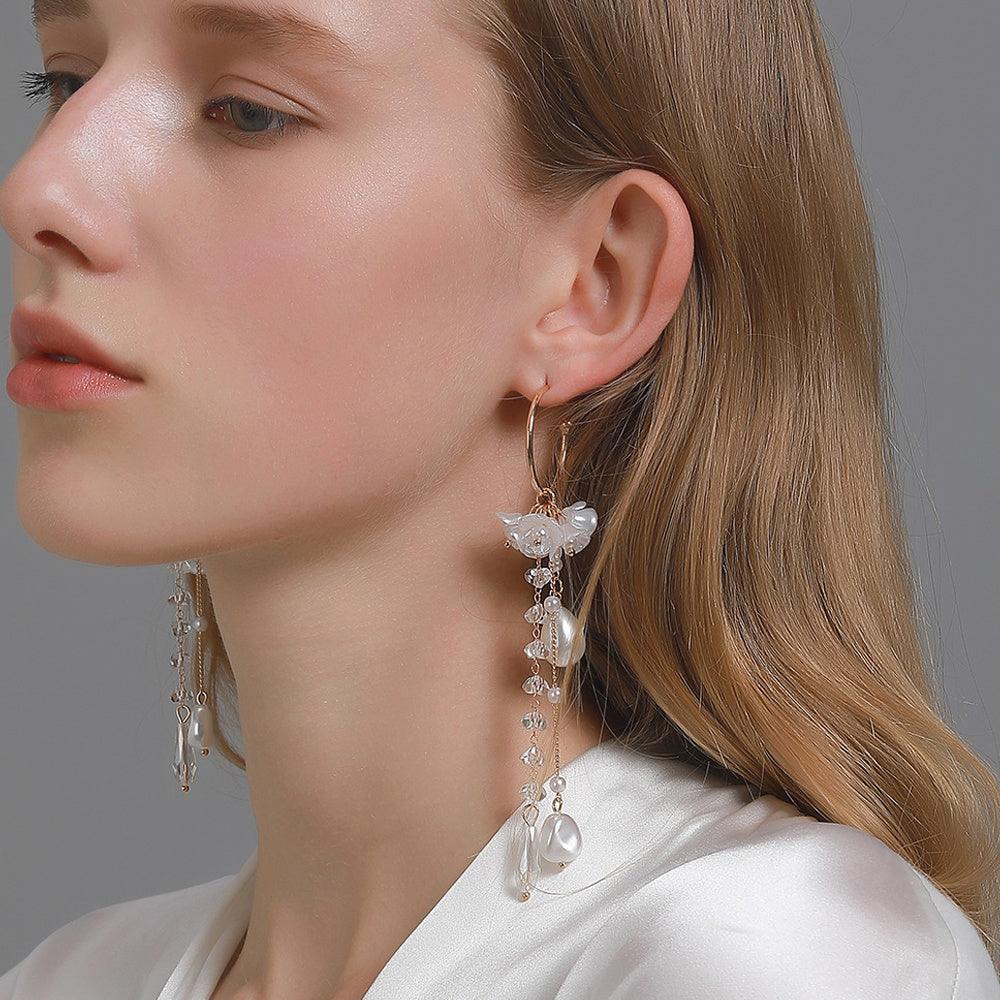Korean White Flower Pearl Earrings