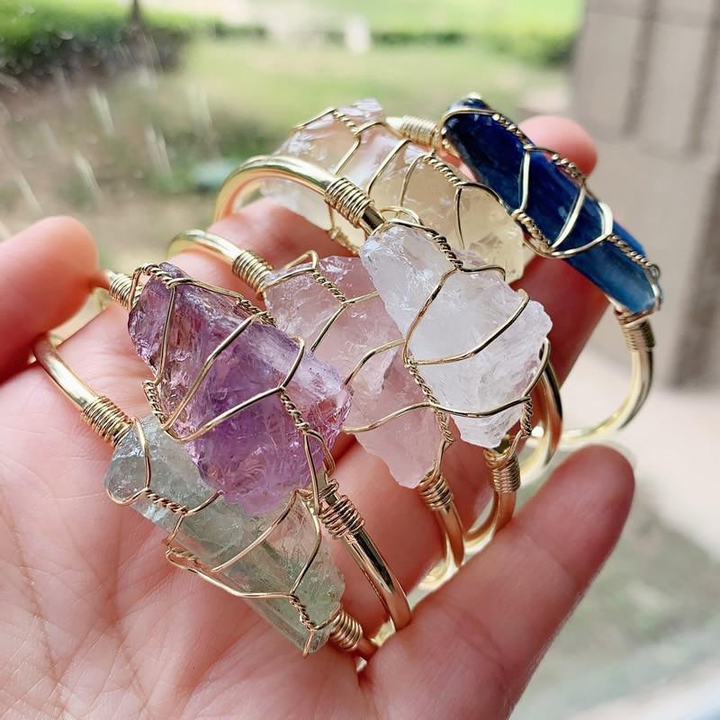Natural Crystal Rough Stone Gold Winding Bracelet | Fashion Jewelry