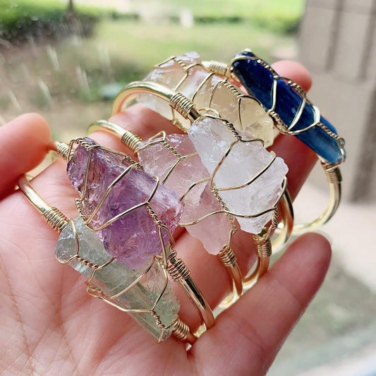 Natural Crystal Rough Stone Gold Winding Bracelet | Fashion Jewelry