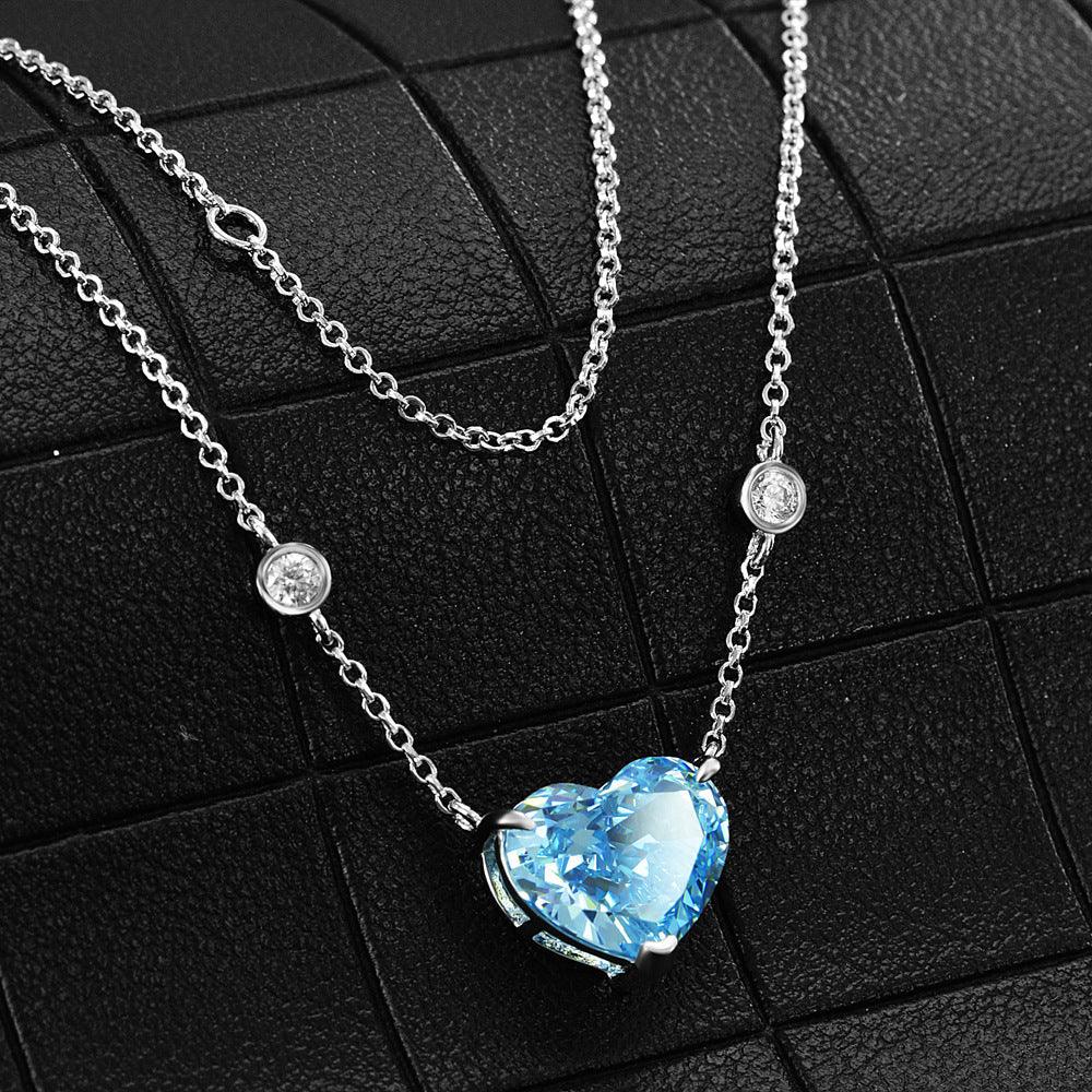 Ocean Blue Heart-Shaped Zircon Necklace Platinum 925 Silver
