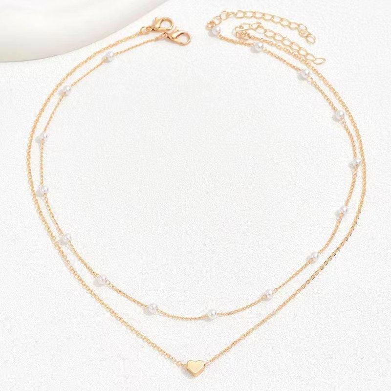 Double Layer Twin Pearl Heart Necklace | Fashion Jewelry