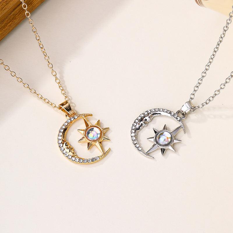 Fashion Moon Star Zircon Pendant Necklace Stainless Steel Jewelry
