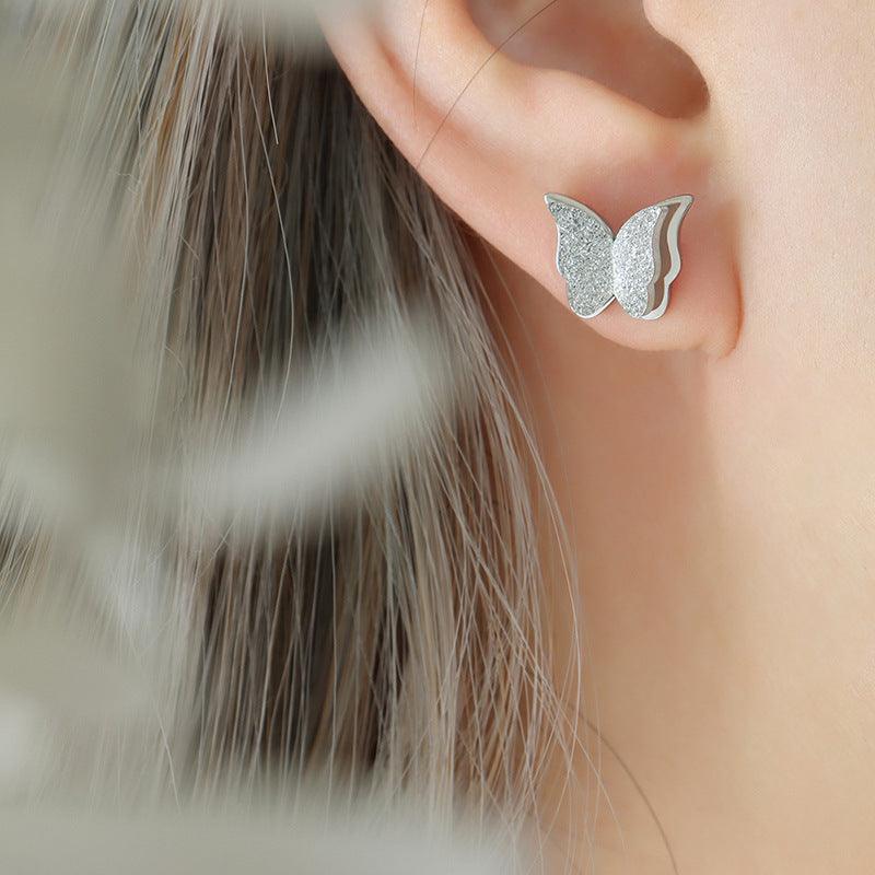 Frosted Texture Cute Butterfly Jewelry Set Silver Earrings