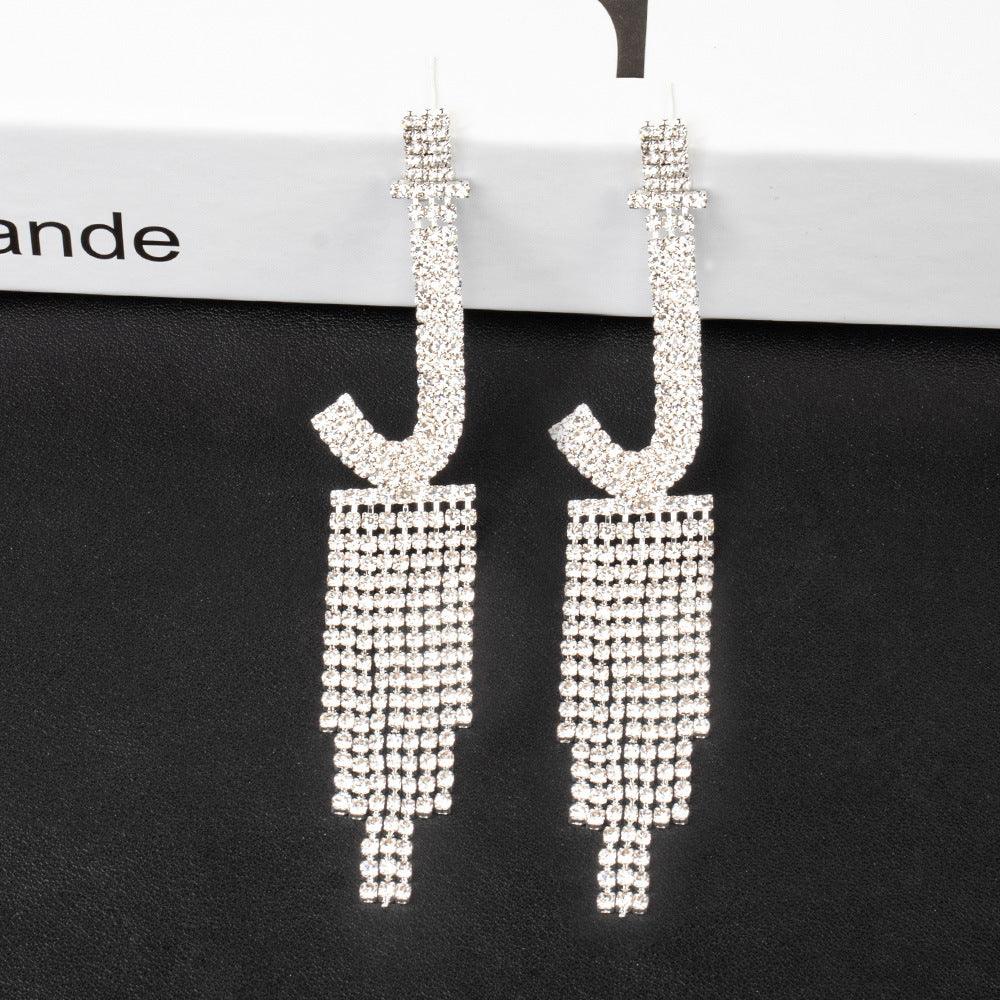 Silver Needle Rhinestone Letter B Earrings Silver J