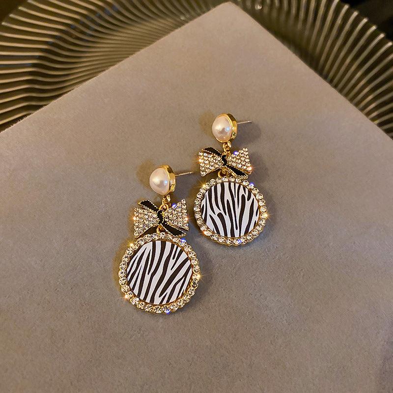 Diamond Pearl Striped Bow Earrings