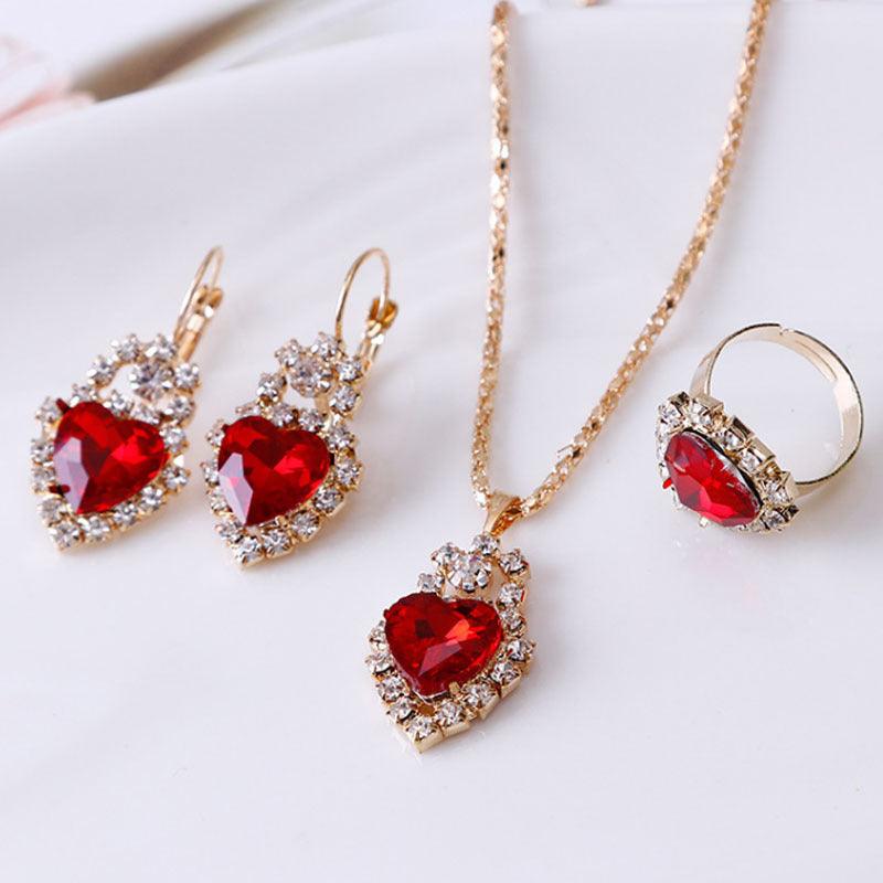 Water Drop Rhinestone Jewelry Set | Daily Wear Heart Red
